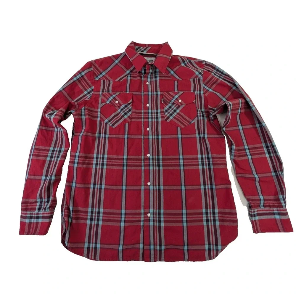 Levis Western Pearl Snap Shirt Mens M Red Plaid Yoke‎ Flap Pockets Cowboy Rodeo